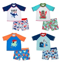 Детская одежда для купания для мальчиков из полиэстера с изображением октпуса и акулы; пляжный костюм; детский купальный костюм; шляпа; топы с короткими рукавами+ штаны; Защита от солнца