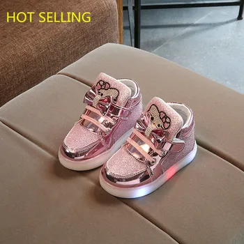 

Fashion New Spring Autumn Children Glowing Sneakers Kids Shoes Chaussure Enfant Hello Kitty Girls Shoes With LED Light 21-30