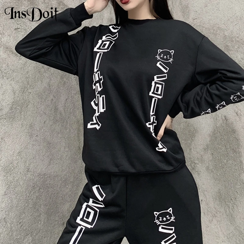 

InsDoit Gothic Letter Print Basic Suit Harajuku Casual O Neck Loose Suit Punk Streetwear Autumn Long Sleeve Women 2 Pieces Set