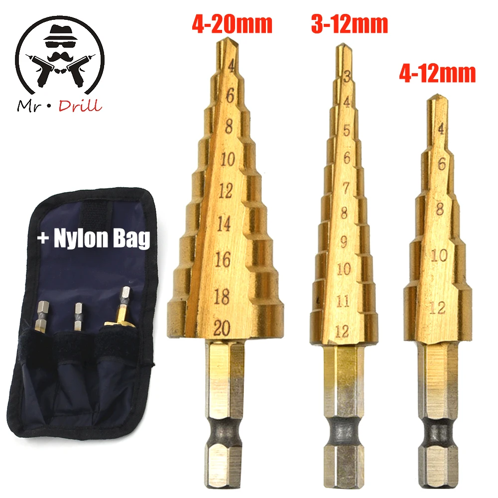 

3-12mm 4-12mm 4-20mm Nylon Bag Packing Power Tools Wholesale Price 3pcs/set Metal Drilling HSS Step Drill Bits