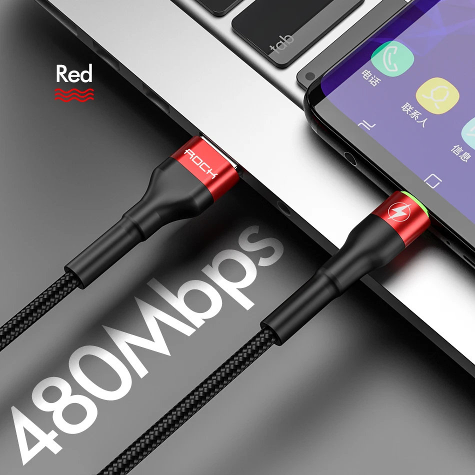 ROCK type C 5A светодиодный светильник usb type C кабель USBC Быстрая зарядка QC 4,0 зарядное устройство type-c светильник ing кабель для samsung S10 S9 Xiaomi 9 8 - Цвет: Red With LED Light