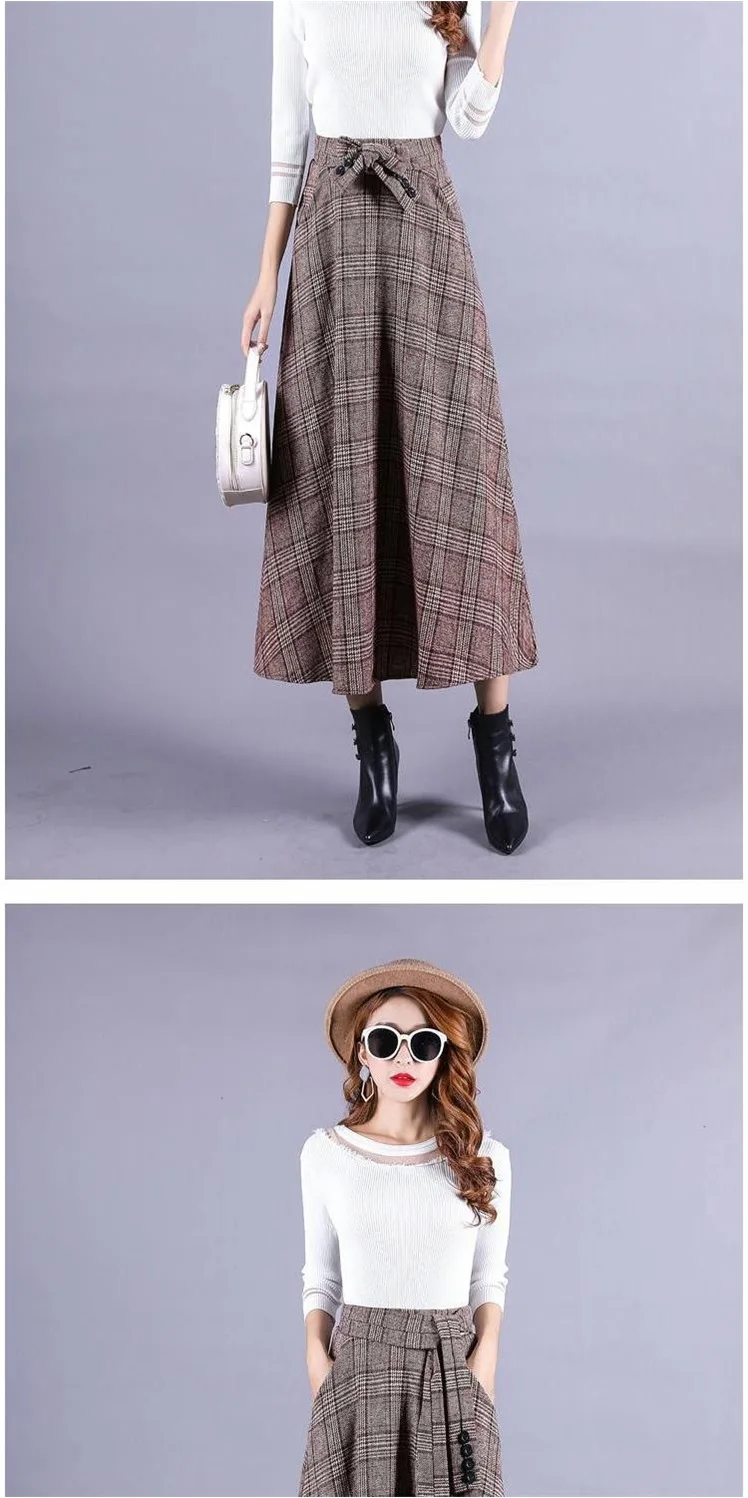 New Autumn Winter Women Fashion Sashes Plaid High Waist Skirt Pleated Sweet Style Woollen Women Skirts AQ687