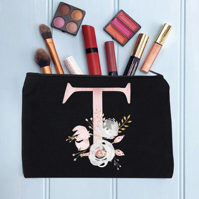 Women's Cosmetic Makeup Bags Female Organizer Pink Flower 26 Letters School Pencil Cases Carrying Bag for Coin Purse pink flower T