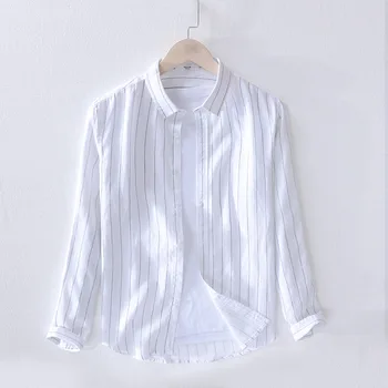 

2020 Men's Wear 100% Flax Stripes Long-sleeved Shirt Youth Fold-down Collar Casual Fashion Versatile Linen Shirt