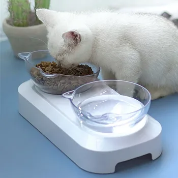 

Plastic Cat Neck Protection Dish 15 Degree Tilted Feeder Double Bowls With Anti-slip Pet Bowl Stand