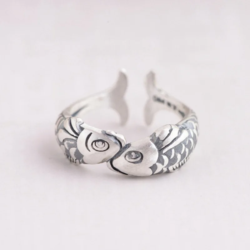 

New Retro Silver Color Marine Animal Fish Ring Fashion Women Lucky Koi Adjustable Ring Elegant Women Wedding Anniversary Jewelry
