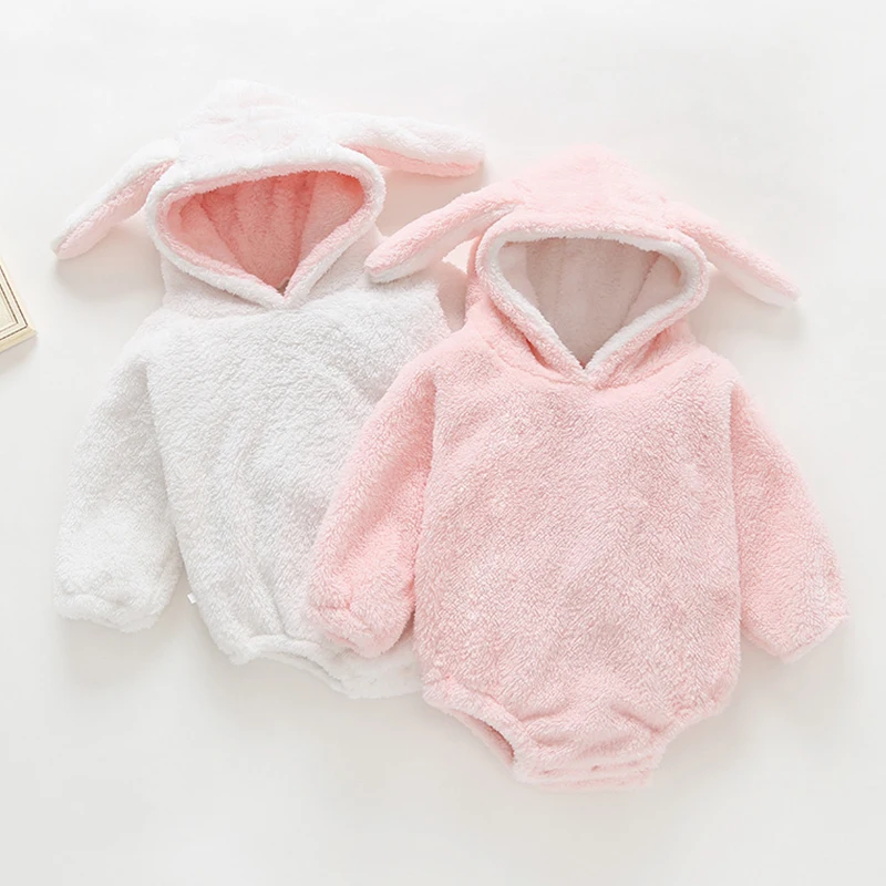 

Newborn Infant Baby Romper Baby Girls Rabbit's Ears Hooded Romper New 2019 Autumn Winter Baby Add Wool Upset Jumpsuit Clothes