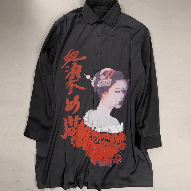 

Gothic Mens Long Harajuku Printed Shirt 100% Real Silk High Quality Runway Shirts Single Breasted Casual Loose Fit Tops Shirt