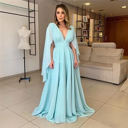 Light Sky Blue Chiffon Mother of the Bride Dresses with Cap Sleeves Deep V Neck Empire Evening Prom Gowns Banquet Wedding Party
