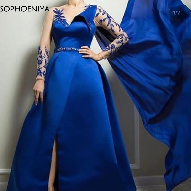 New Arrival V Neck Royal blue Long sleeve evening dress 2021 Robe soiree dubai formal party Evening gown | Свадьбы и торжества