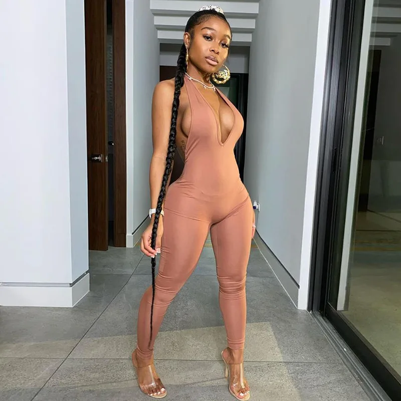 HIGAREDAWomen Backless Sexy V-neck Jumpsuit Halter Fitness Tracksuit Sleeveless Full Length Rompers Stretchy Skinny Summer 2020