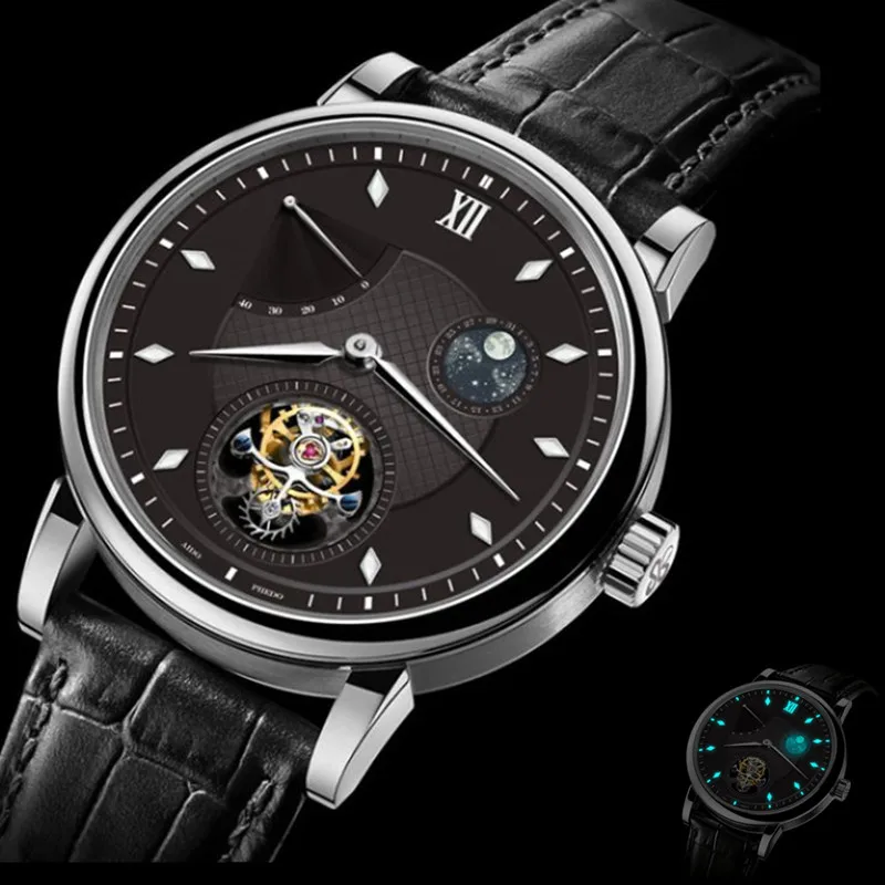 

High End Aidophedo Luminous Mens Tourbillon Mechanical Watches Seagull GMT ST8001 Calendar Moon Phase Wrist Watch Men Aurora