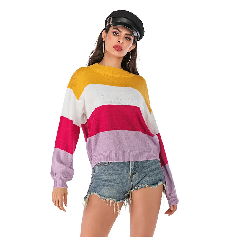 Fall/winter 2020 knitwear fashion color matching long sleeve pullover sweater women wear suetmujer winter rainbow Sweater women Fall/winter 2020 knitwear fashion color matching long sleeve pullover sweater women wear suetmujer winter rainbow Sweater women