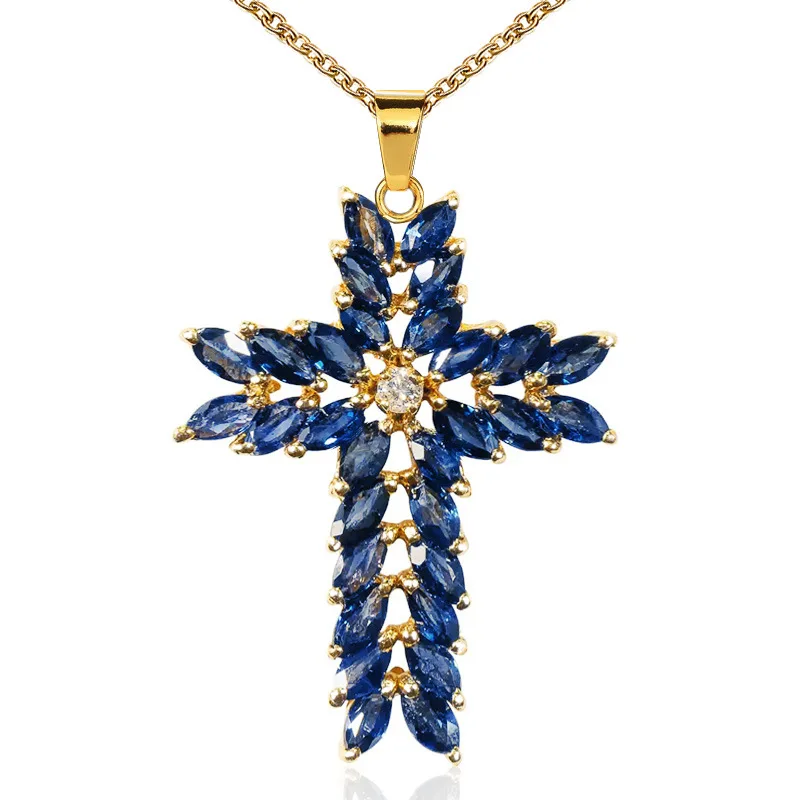 

Luxury Blue Gems Crystal Cross Necklace Gold Plated Inlay Zircon Party Women's Necklace Wedding Jewelry Xmas Lover's Gifts