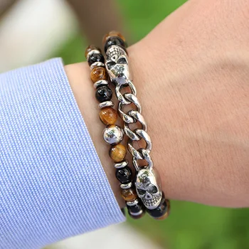 New Design High Quality Men Bracelet Natural Stone Beads Stainless Steel Skull Beaded Elastic Bracelet Set