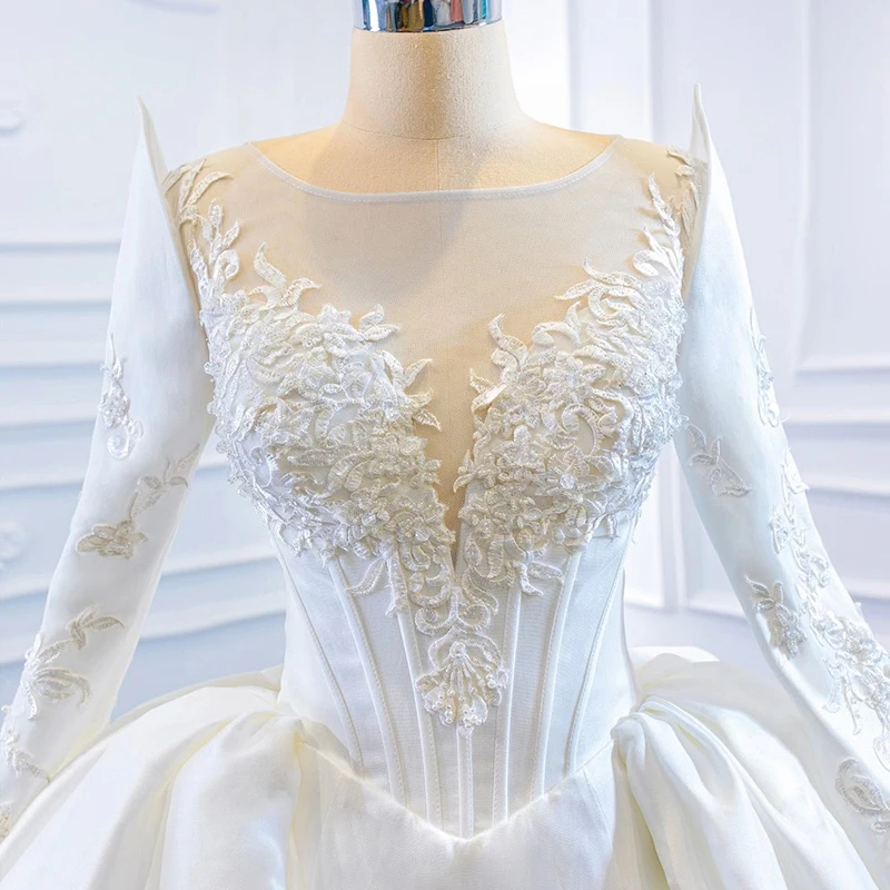 J67177 JANCEMBER Wedding Dresses 2020 Long Sleeve Satin Applique Removable Train O Neck Lace Elegant White 5