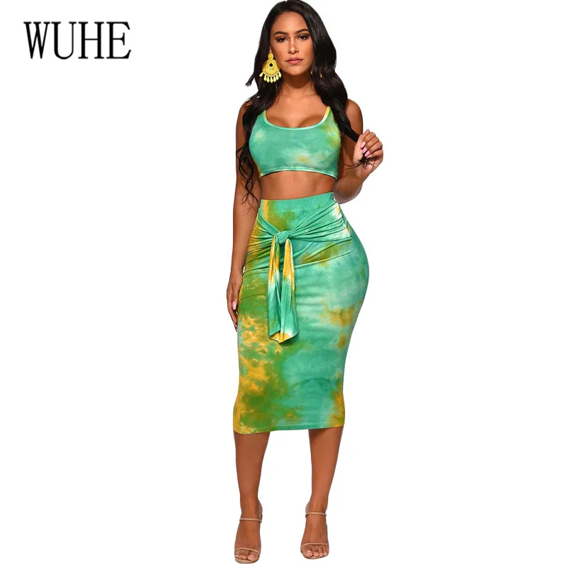 

WUHE Two Piece Set Sexy Tie Dyed Print Tracksuit Women Sleeveless Short Tank Top Lace Up Bodycon Skirt Suit 2pcs Set Dress