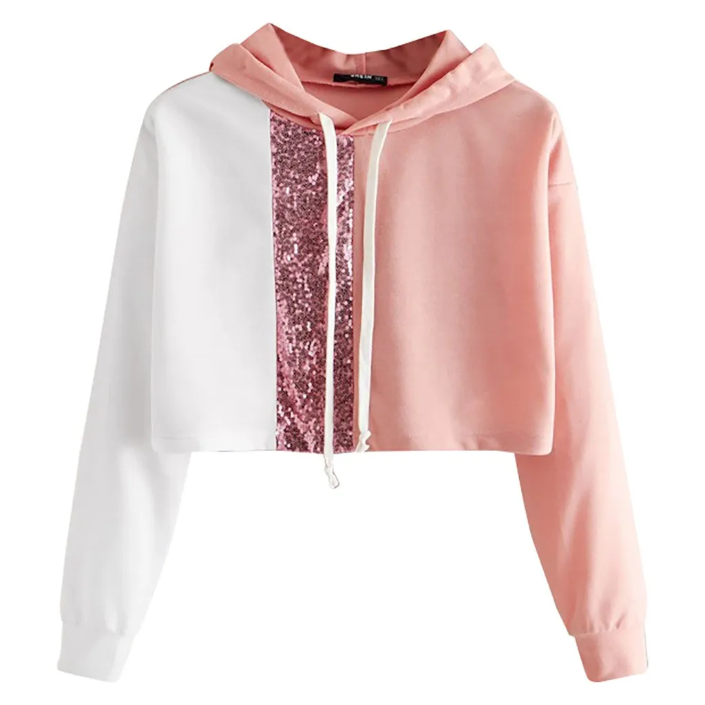 

Women Hoodie Sweatshirt New Sequin Splice Patchwork Long Sleeve Casual Loose Short Tops Pullover Autumn Winter Fashion Blouse #A