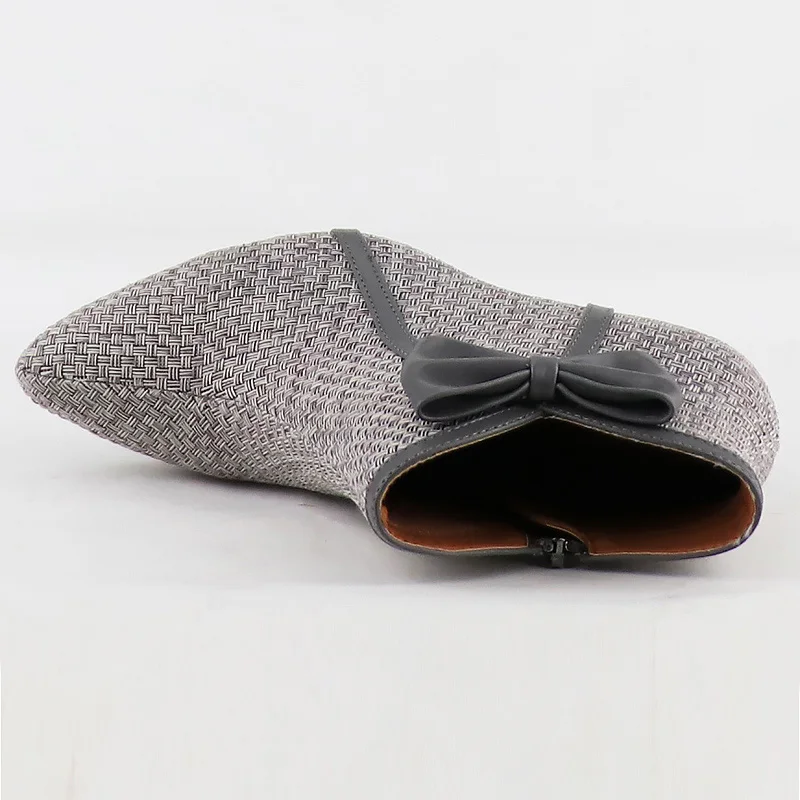 Women Ankle Boots 2021 New Fashion Woven Bow Ladies Shoes Thin High Heels Female Spring Autumn Zipper Blue Black Gray