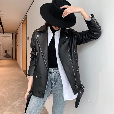 MESHARE Genuine Sheep Leather Jacket Women New Mid-Length Loose Motorcycle Real Leather Jacket R15