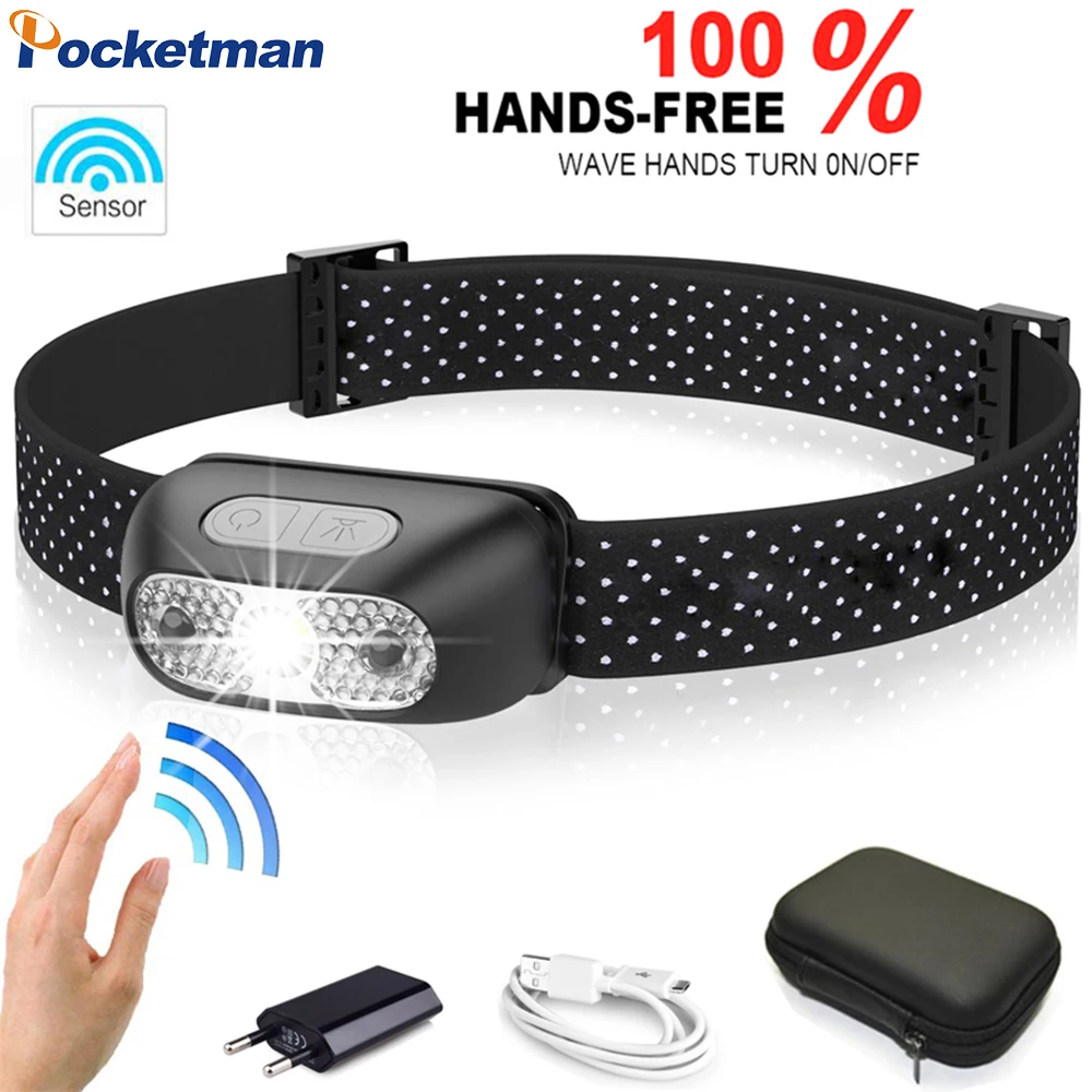 

10000LM Powerful Headlamp Motion Sensor LED Headlight USB Rechargeable Head Light Portable LED Head Lamp with USB Cable
