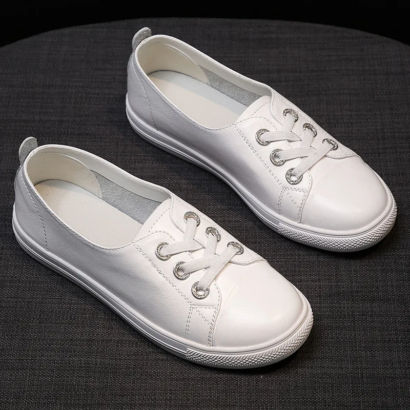 

2020 Spring Full-grain Leather Slip-on Shoes White Women's Versatile Flat Genuine Leather Comfortable Online Celebrity Casual Sh