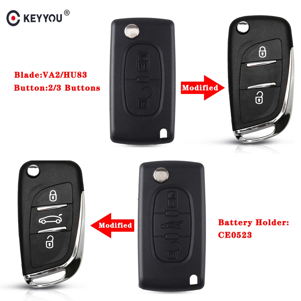 Peugeot 2 Buttons Flip Remote Key Cover with Battery Holder Modified