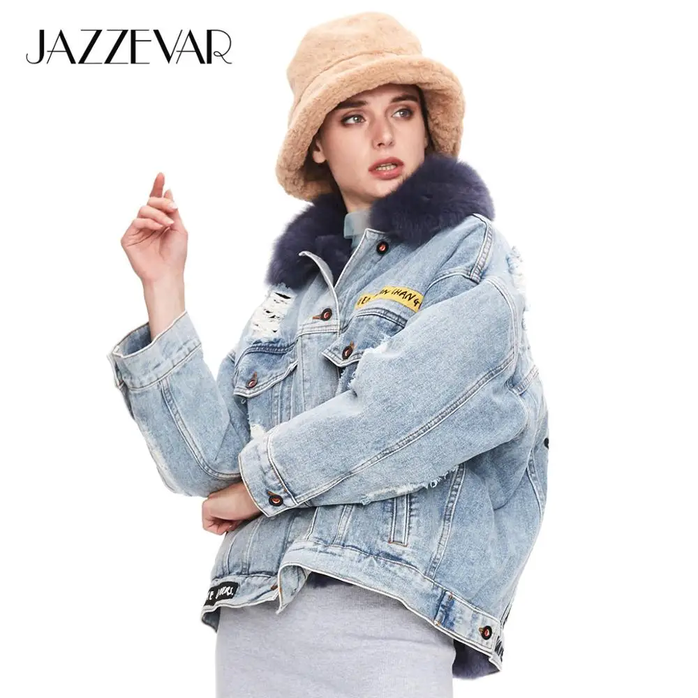 JAZZEVAR Зима новое поступление джинсовая куртка женская модная стильная свободная одежда верхняя одежда с меховым воротником зимная курка для женщина W9085