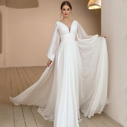 New Puff Sleeves Chiffon Boho Wedding Dress 2021 V Neck Ruched Drapped Simple Sweep Train Vestido Noiva Bridal Gowns