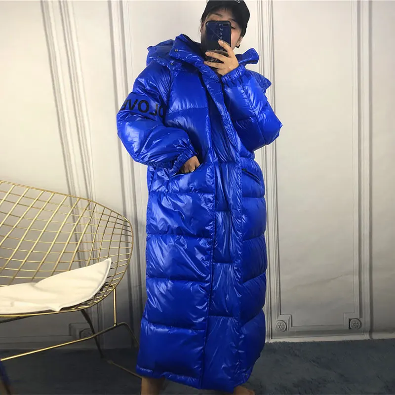 BF зимние пуховые пальто женские Длинные куртки модная яркая парка с капюшоном пуховая куртка женская верхняя одежда теплое водонепроницаемое пальто - Цвет: blue