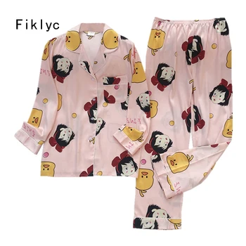 

Fiklyc underwear women's cartoon print sexy luxury spring satin pajamas sets casual female nightwear hot items faux silk design
