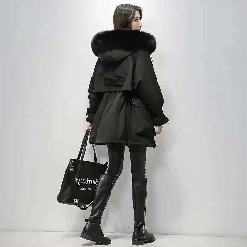Fitaylor Large Natural Fox Fur Hooded Winter Jacket Women 90% White Duck Down Thick Parkas Warm Sash Tie Up Snow Coat