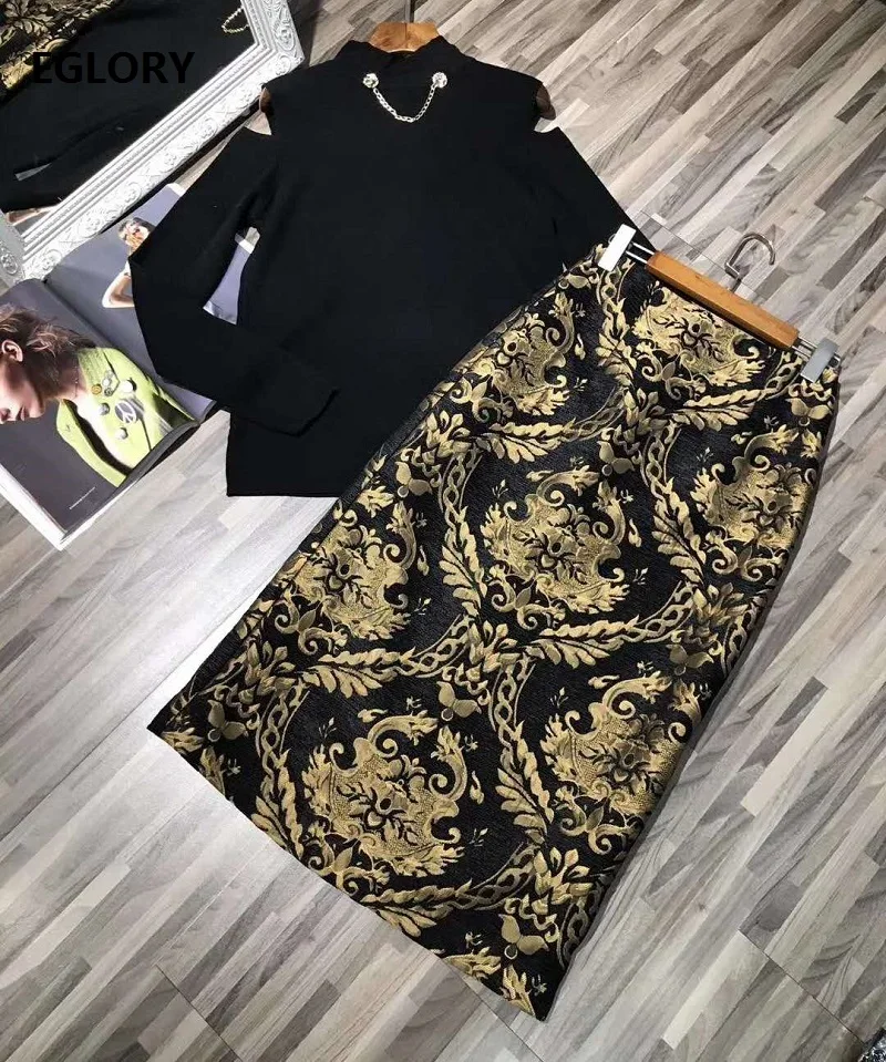 

High Quality New Sweater Suits 2020 Autumn Winter Skirt Set Women Chain Necklace Deco Black Pullover Tops+Midi Vintage Skirts