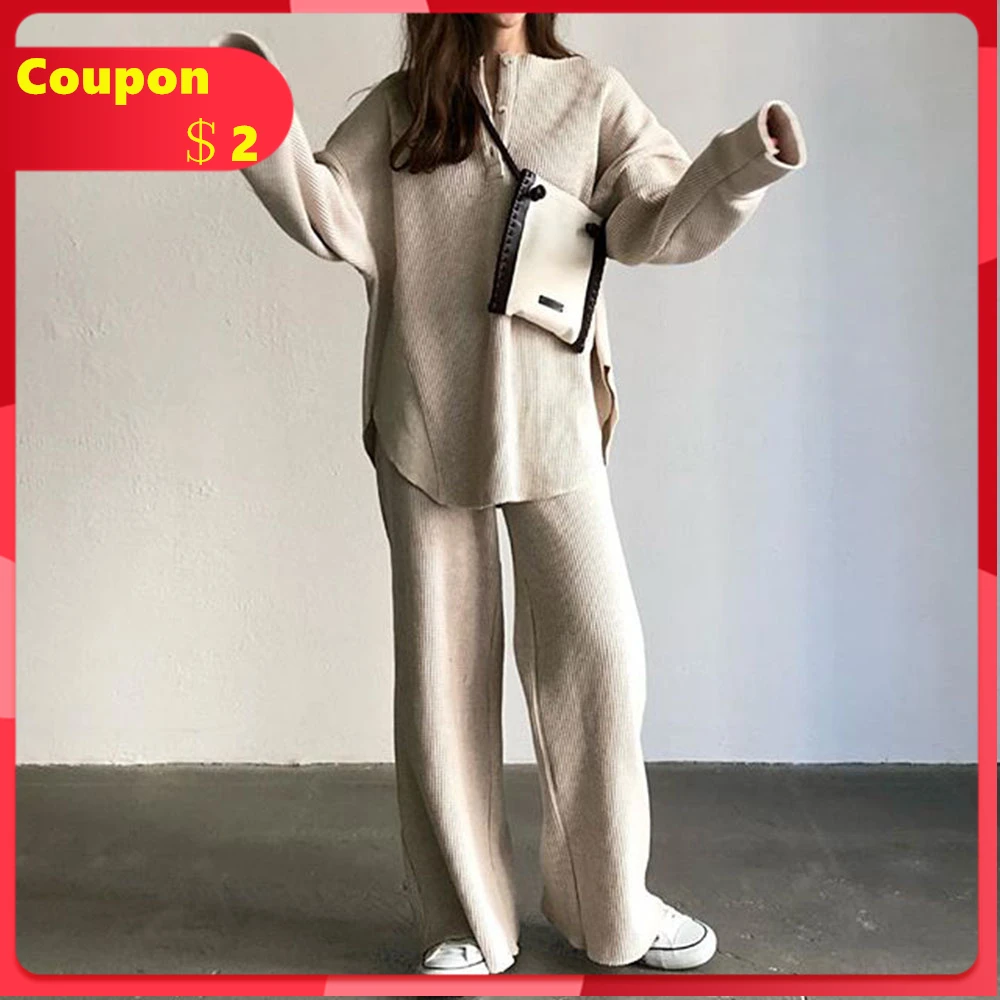 

Women Two Piece Sets 2019 Korean Basic Autumn Long Sleeve Sweater Shirts and Wide Legs Pants Tops and Trousers Suit Minimalist