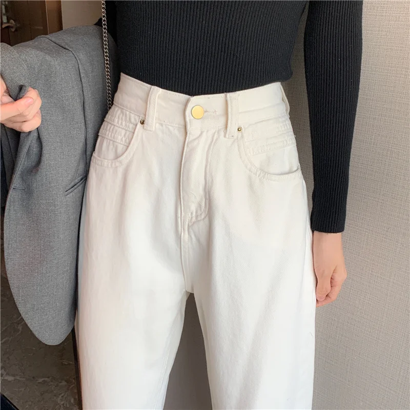 KINOMI осень зима белые прямые джинсовые штаны с высокой талией свободные джинсовые штаны корейский стиль повседневные длинные брюки с карманами