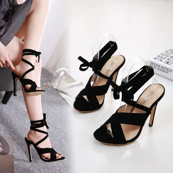 

Velvet Shoes Beige Heeled Sandals Summer Heels Cross Cross-shoes 2020 Women's Suede Black Stiletto Female Sale High Lace Up
