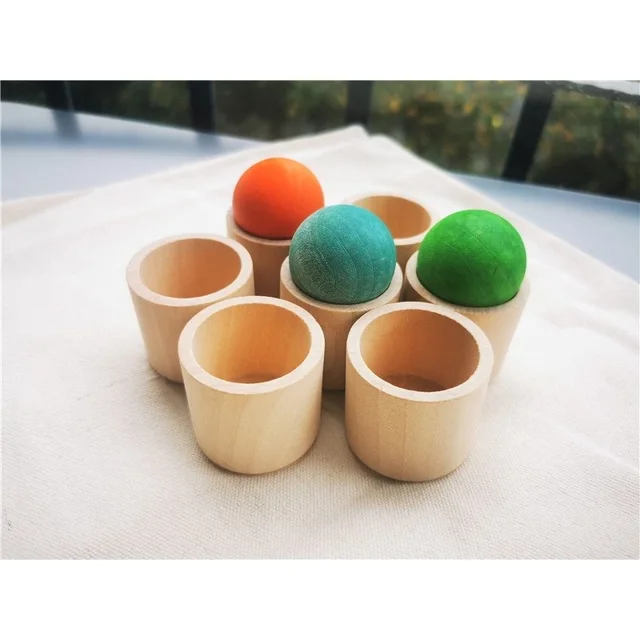 Kids Wooden Toys Color Sorting Wood Balls Rainbow & Pastel Sphere with Tray Unpaint Cup Montessori Peg Dolls and Rings 5