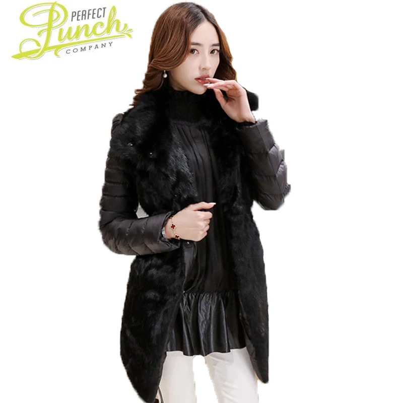 2021 New Real Rabbit Fur Elegant Women's PU Leather Winter Jacket Slim Female Coats Plus Size Long Parkas ST028 | Женская одежда