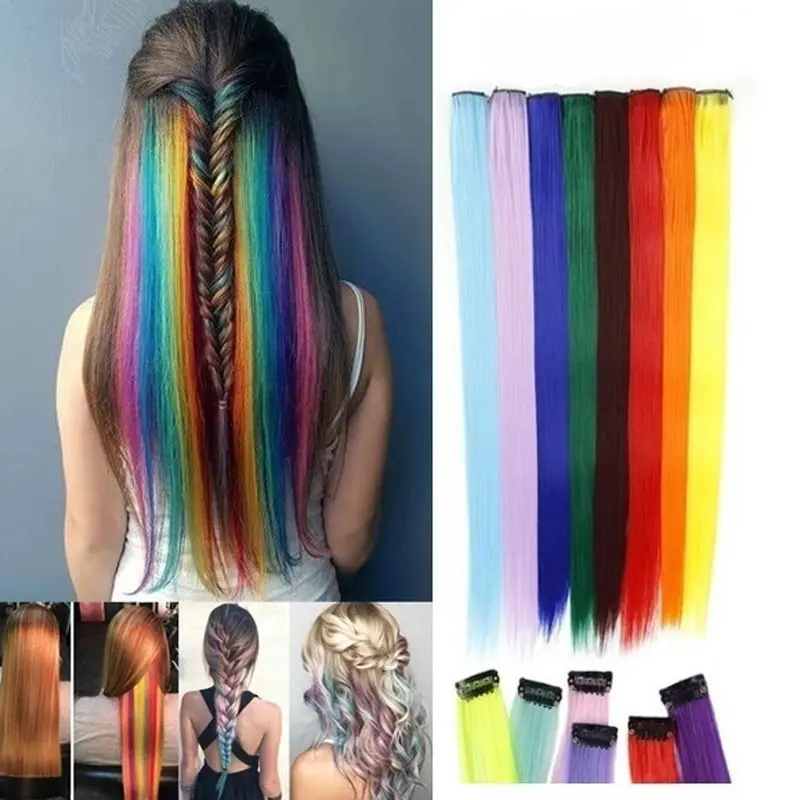 

55cm Long Straight Colorful Hair Extensions Clip in Highlight Rainbow Hair Streak Synthetic Hair Strands On Clips Hair Braids