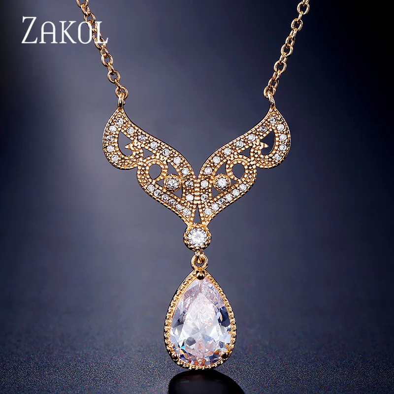 Gold Color ZAKOL Новое поступление изысканное каплевидное кубическое циркониевое хрустальное ожерелье в форме крыльев для женщин и девушек Подарок FSNP2091 - Окраска металла: Gold Color