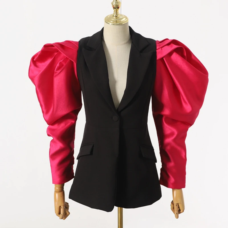 Осенний лоскутный хит цвет Женский блейзер Mujer пальто с рукавами-фонариками фигурный OL размера плюс блейзеры Chaqueta верхняя одежда Veste Femme - Цвет: Rose Red