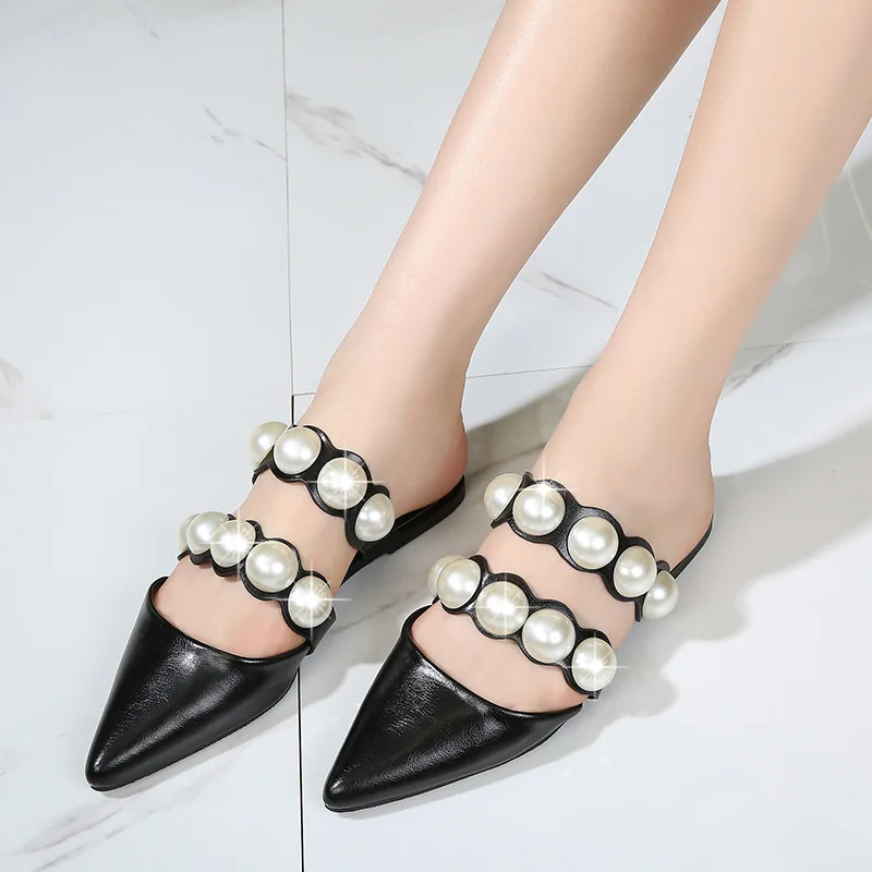 

Mules shoes women summer slippers pearls flats loafers microfiber retro hollow out pointed toe flip flops shallow female slides