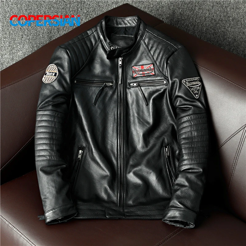 black sheepskin coat Free Shipping! Top Layer Cowhide Leather Coat Multi Logo Embroidery Slim Fit Autumn and Winter New Men's Jacket real sheepskin coat