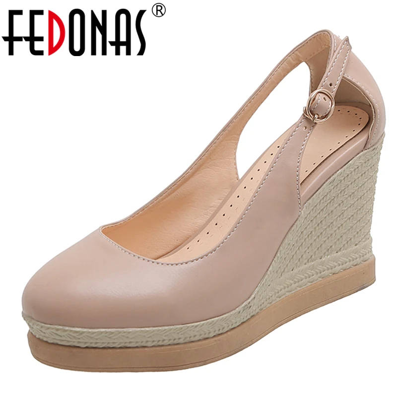 

FEDONAS Concise Retro Wedding Casual Women Pumps 2020 Spring Summer New Hollow Outround Toe 9cm Wedges Heel Shallow Shoes Woman