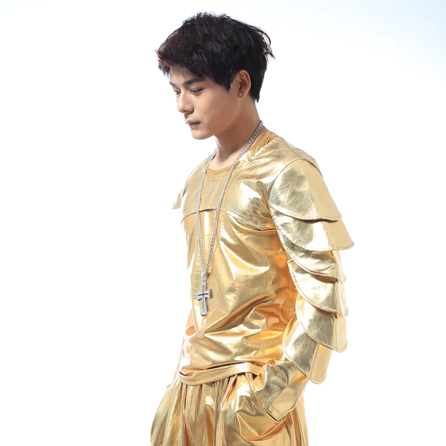 Золотой костюм для ночного клуба Для мужчин Вокальный концерт плечо по диагонали кожаный топ тайские DS Dj костюм Сценические костюмы для BL2117