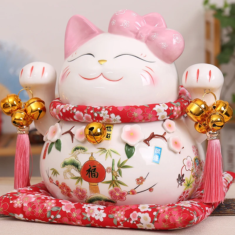 Мультяшная Статуэтка Maneki Neko Oranment, керамическая фигурка счастливого кота, розовый галстук-бабочка, статуя кота Фортуны, Домашняя Декоративная копилка, копилка