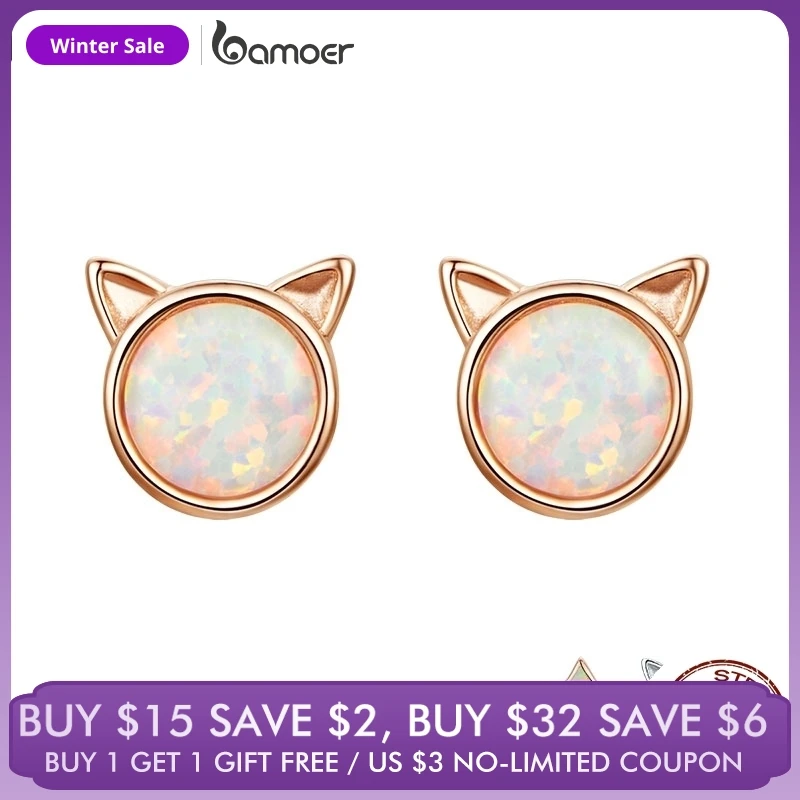 

BAMOER New Arrival 925 Sterling Silver Cute Cat Ears Big Stone Small Stud Earrings for Women Fashion Earrings Jewelry SCE538