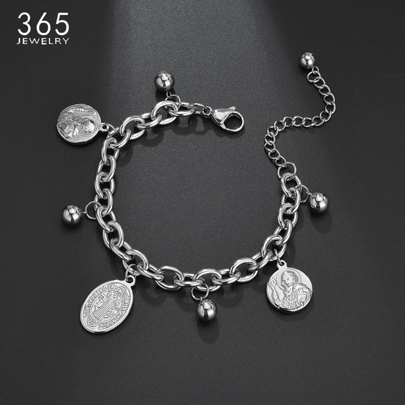 Religious Stainless Steel Saint Benedict Medal Bracelet With Beads Adjustable Charm Bangles Men Women Birthday Gift | Украшения и