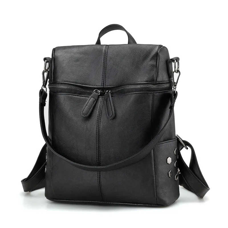 WEIXIER рюкзак с заклепками женский из искусственной кожи рюкзаки для девочек-подростков школьные сумки Модные Винтажные однотонные черные сумки на плечо LY-71 - Цвет: Черный