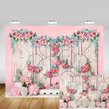 

Pink Flowers Girl Birthday Party Selfie Backdrop Photocall Newborn Portrait Background Photo Shoot Floral Wood Door Photography